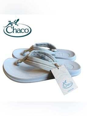 Chaco Women’s Chillos Aqua Gray Sadie Striped Flip Sandals